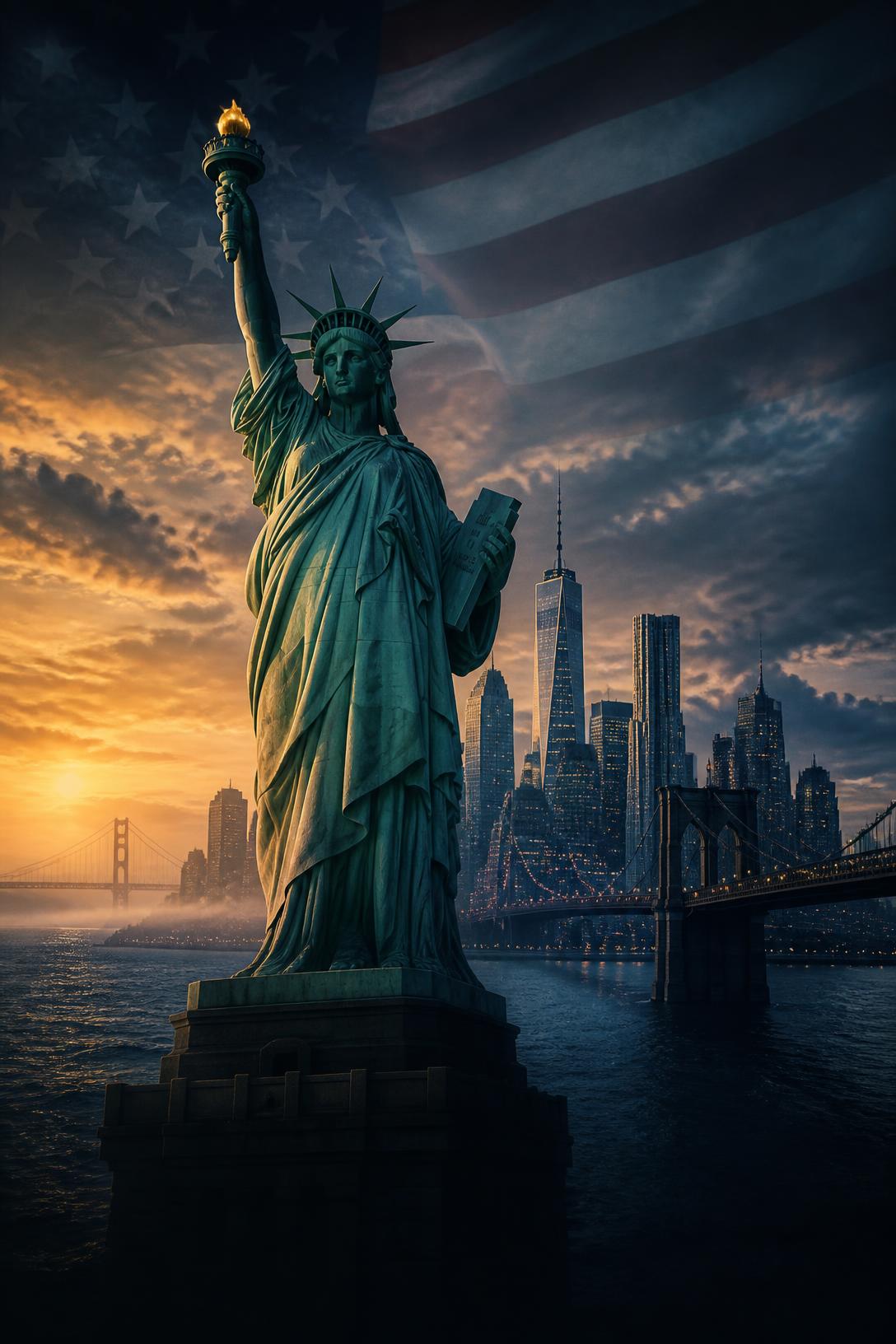 Статуя Свободы на фоне американских landmarks